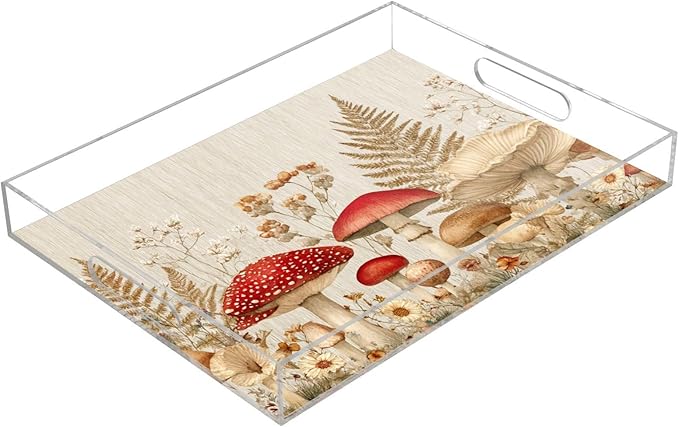 Serving Tray with Handles Clear Acrylic Tray 12x16 Inch Decorative Rectangular Tray Organizer for Ottoman Coffee Table Bathroom Watercolor Forestm Mushroom Beige