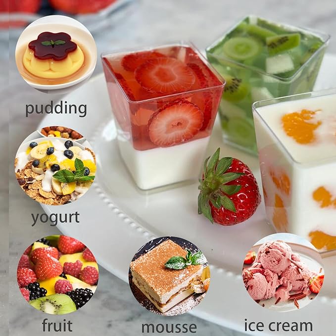 25Pack 5oz Plastic Dessert Cups with Lids and Spoons, Reusable Clear Parfait Appetizer Cups, Square Party Shooter Serving Cup, Mini Dessert Shot Glasses for Tasting