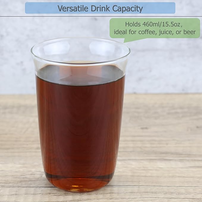 EIKS 2 Pack Crystal Clear Drinking Glasses Cups for Latte Coffee Tea Soda Juice Beer Cocktails Milk Hot and Cold Beverage, Capacity 460ml/15.5oz