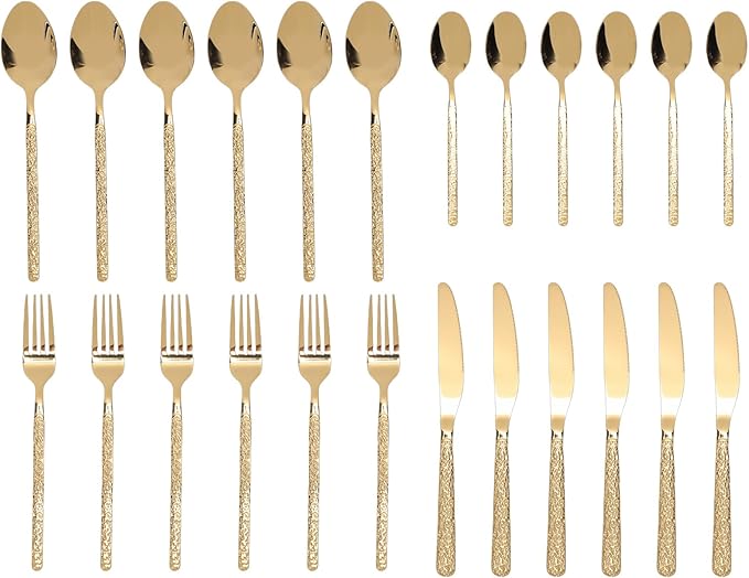 Pssopp 6 Piece Stainless Steel Cutlery Set, Serving Sets Forks Spoons for Restaurant Wedding Party Home (Stone Pattern Gold)