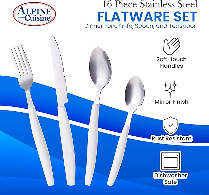 ALPINE CUISINE Flatware Set 16 Piece Service for 4, Stainless Steel Flatware Cutlery Set Includes Dinner Knives/Forks/Spoons - Great for Camping or College Dorms - Dishwasher Safe - White