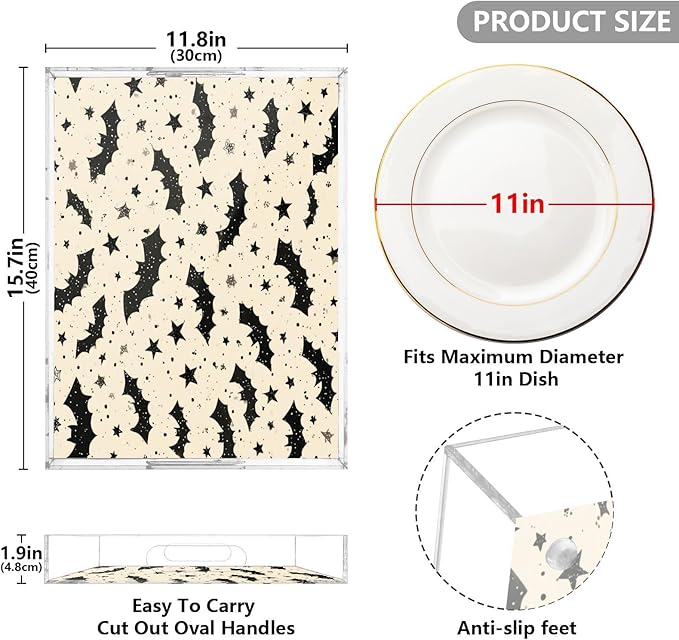 Serving Tray with Handles Clear Acrylic Tray 12x16 Inch Decorative Rectangular Tray Organizer for Ottoman Coffee Table Bathroom Halloween Bats and Stars