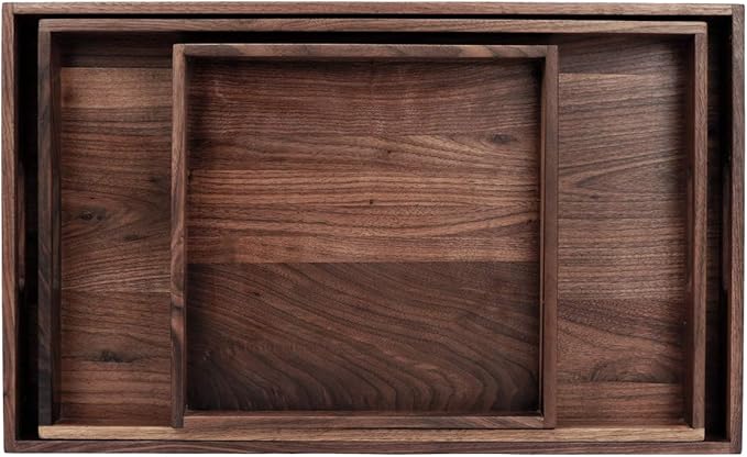 Set of 3 Large Solid Black Walnut Wood Ottoman Tray with Handles, Serve Tea, Coffee or Breakfast in Bed, Classic Wooden Decorative Serving Tray, L+M+S