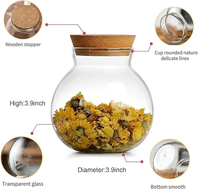 17oz Spherical Glass Jar with Cork Lid Airtight - Kitchen Glass Jar for Preserving and Storing candy, tea, Coffee, Spice, flour, Beans etc (4)