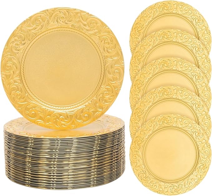 100 Pcs Antique Charger Plates Bulk 13 Inch Embossed Rim Plastic Party Dinner Plate Chargers Round Decorative Server Plate for Wedding Party Event Tableware (100pcs-Gold-3)