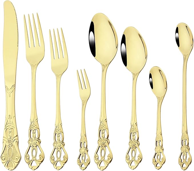 Elegant 32-Piece (4 Set) Retro Flatware Set, Stainless Steel Cutlery Set - Complete Eating Tableware Serving Set, Dishwasher Safe, Shiny Mirror Polish (Champagne)
