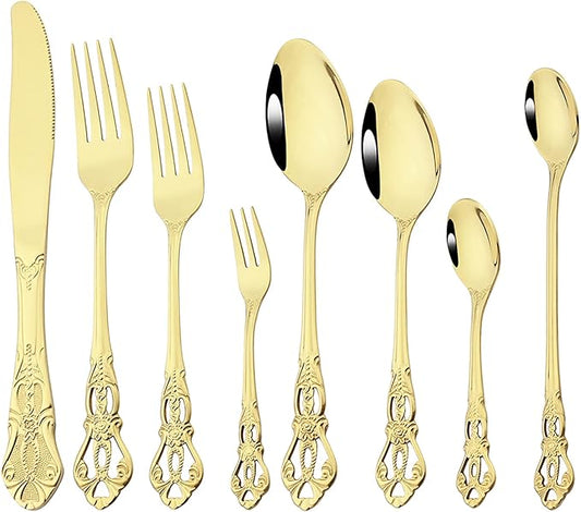 Elegant 32-Piece (4 Set) Retro Flatware Set, Stainless Steel Cutlery Set - Complete Eating Tableware Serving Set, Dishwasher Safe, Shiny Mirror Polish (Champagne)