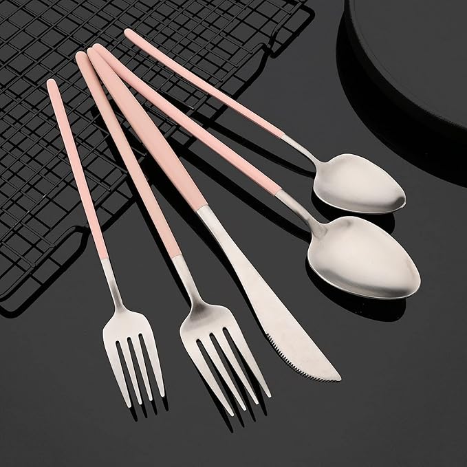 JASHII Matte Pink and Silver Silverware Set, 304 Stainless Steel Flatware Set Service for 4, Tableware Cutlery Set for Home Restaurant Party, Dinner Forks/Spoons/Knives, Slim Handle, Dishwasher Safe