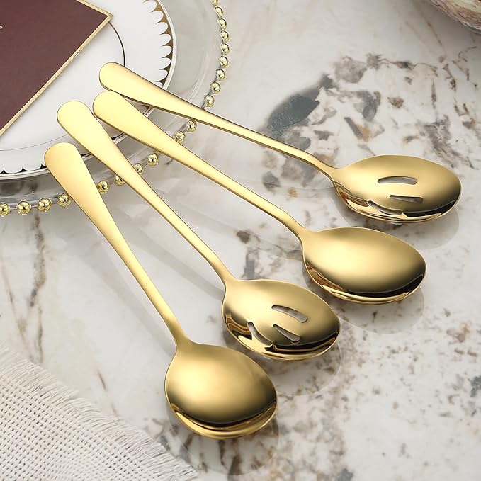 Gold Serving Spoons 8 Pieces, ReaNea Stainless Steel Serving Utensils Set inclunde 4 Serving Spoon 4 Serving Slotted Spoons, Dishwasher Safe