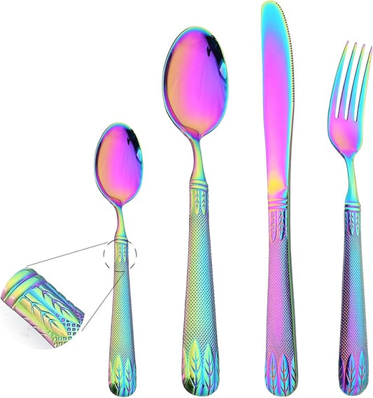 JASHII 304 Stainless Steel Hammered Silverware Set with Wheat Spike Pattern, Modern Eating Tableware Flatware Set, Service for 6. Flat Handle, Dishwasher Safe - Shiny Rainbow