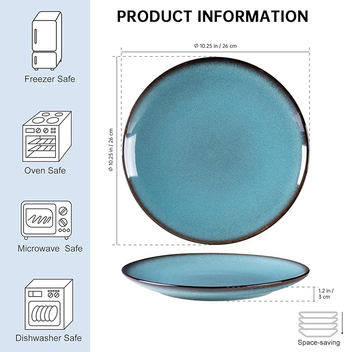 HENXFEN LEAD Dinner Plates Set of 4, Large Serving Dishes 10 Inch for Steak, Salad, Pasta - Stoneware Dinnerware Sets Dishwasher, Microwave, Oven Safe, Aqua