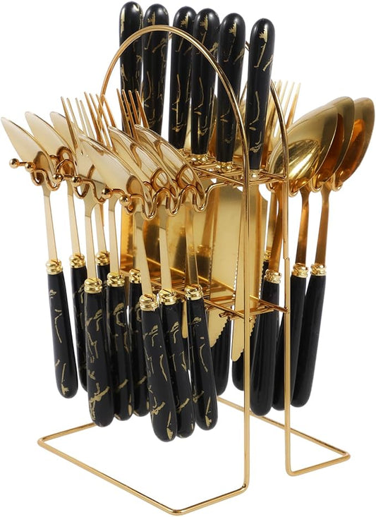 24 Pcs Silverware Set with Hanging Holder, Stainless Steel Flatware Set, Kitchen Utensil Tableware Set with Stainless Steel Knives and Forks and Spoons, Mirror Polished, Dishwasher Safe (Black)
