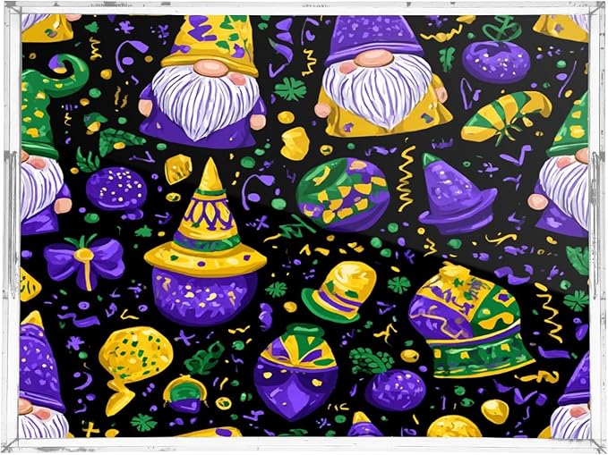 Serving Tray with Handles Clear Acrylic Tray 12x16 Inch Decorative Rectangular Tray Organizer for Ottoman Coffee Table Bathroom Purple Mardi Gras Gnome