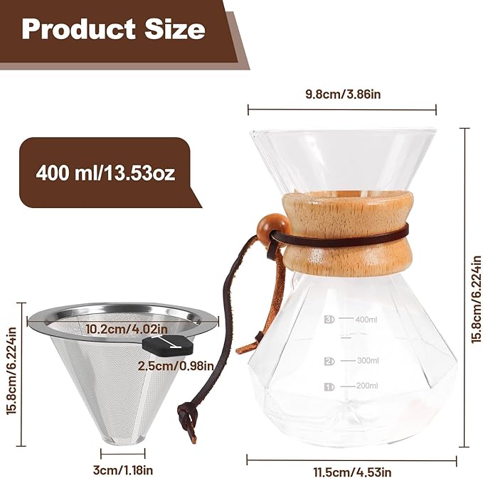 Pour Over Coffee Maker 400ml 13.5oz Glass Drip Coffee Maker with 304 Stainless Steel Filter High Borosilicate Glass Duckbill Spout Solid Wood Handle Pour Over Coffee Dripper for Daily Brewing