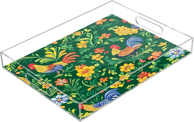 Serving Tray with Handles Clear Acrylic Tray 12x16 Inch Decorative Rectangular Tray Organizer for Ottoman Coffee Table Bathroom Green Rooster and Flower Spring