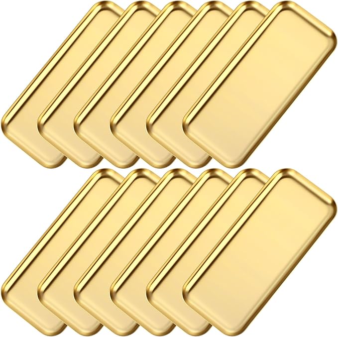 Vesici 12 Pcs 7.87 x 3.35 inches Small Gold Tray Bulk, Stainless Steel Rectangle Serving Trays Trinket Decorative Bathroom Tray for Vanity Jewelry Makeup Towel, Dish Plate Tea Fruit Storage Platter
