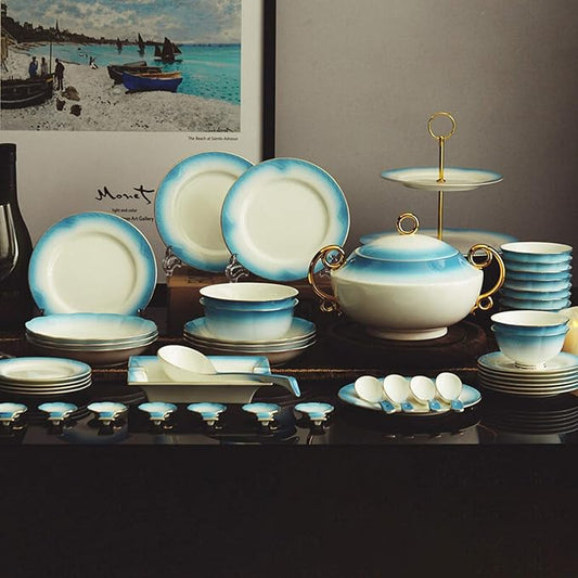 Dinner Plates,Classic Pottery Tableware,Ceramics Dinner Set, 58 Pieces Style Bone China Dinnerware Sets | Blue Gradient Porcelain Dessert Plate and Cereals Bow