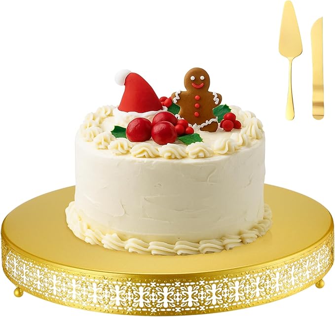 Wenqik Christmas Cake Stand 18 Inch Gold Metal Round Cupcake Dessert Stand with Cake Cutting, Spatula Xmas Cupcake Pastry Display Candy Holder Display for Christmas Wedding Birthday Party