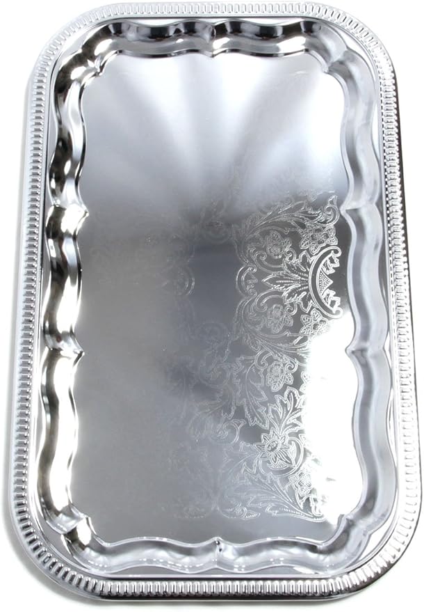 (Pack of 4) 20.9" x 12.8" Traditional Rectangular Trim Floral Pattern Engraved Catering Chrome Plated Serving Plate Mirror Tray Platter Tableware Holiday Party Serving (Large) T227L-4PK