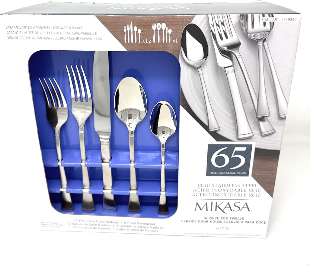 Mikasa, Alyse Flatware Service for 12, 65 Piece Set, 18/10 Stainless Steel, Silverware Set with Serving Utensils