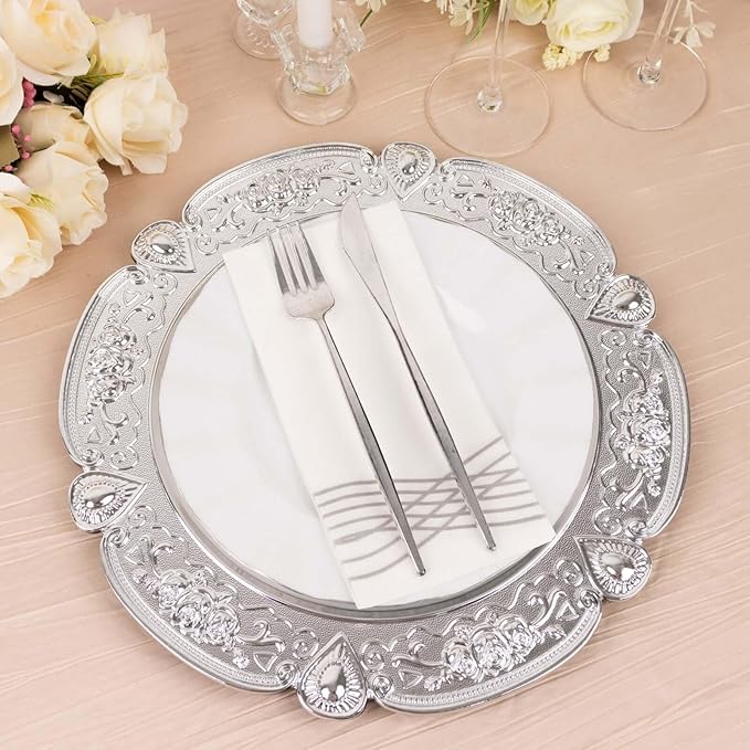 Efavormart 6 Pack Silver Floral Embossed Acrylic Charger Plates With Scalloped Rim, 13" Round Plastic Decorative Serving Plates