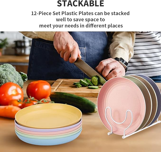 12 PACK 9 Inch Lightweight Wheat Straw Plates, Unbreakable Deep Dinner Plates, Plastic Plates Reusable, Assorted Colors Dinnerware Sets, Microwave & Dishwasher Safe