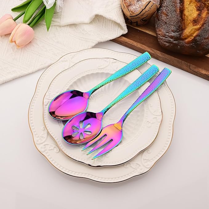 6 PCS Hammered Serving Utensils, Uniturcky Stainless Steel Serving Spoons Set, Square and Thick Hostess Serving Set, Includes 2 Serving Spoon 2 Serving Fork and 2 Slotted Spoon, Mirror Rainbow