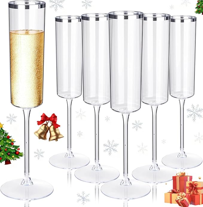 Ciaell 24 Pack Silver Plastic Champagne Flutes - 6 Oz Disposable Champagne Glasses - Square Silver Rim Plastic Toasting Glasses for Party Birthday Anniversary Wedding
