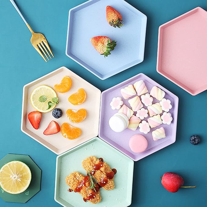 Incauca 5 Pack 6 Inch Lightweight Mini Wheat Straw Plates, Reusable Hexagon Dessert Plates, Small Saucers Plates, Plastic Side Dish Plates for Serving Snack Appetizer Salad Fruit, Assorted Colors