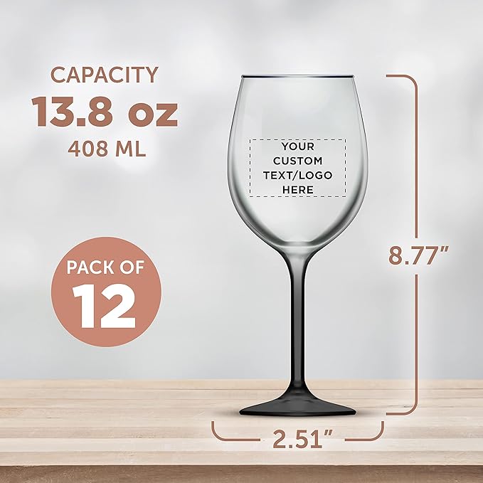 Custom Wine Glasses 14 oz. Set of 12, Personalized Bulk Pack - Restaurant Glassware, Perfect for Red Wine, White Wine, Cocktails and More - Black