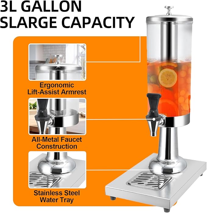 1 Gallon Commercial Beverage Dispenser with Centre Ice Core and Stand Drip Trays Stainless Steel Cold Drink Dispenser for Parties Pub Cafeteria Restaurant Home Hotel (silver, single head)