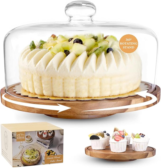 Glass Rotating Cake Stand with Lid - 12" Acacia Wood Cake Plate with Dome, Includes 2 Extra Cake Boards - Cake Holder for Wedding, Birthdays, Kitchen, Party Display, Charcuterie Tray