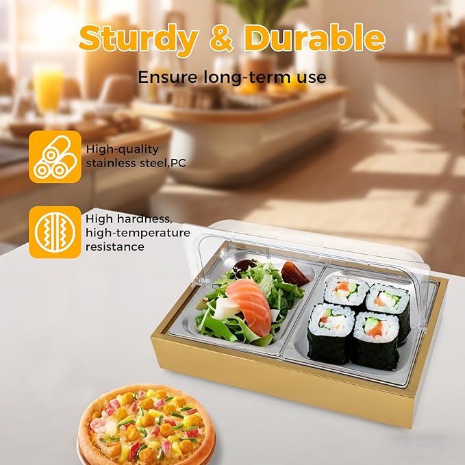 Ice Food Serving Display Tray, 6L Spice Display Salad Dressing Cooler Food Dishes Display Plate Case w/Clear Roll Top Cover for Outdoor Buffets Parties & Restaurant (Gold)