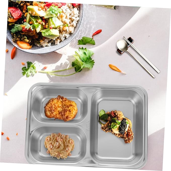 Unomor 2pcs Strong Stainless Steel Dinner Plate Compartment Plate Health-conscious Serving Tray Dish