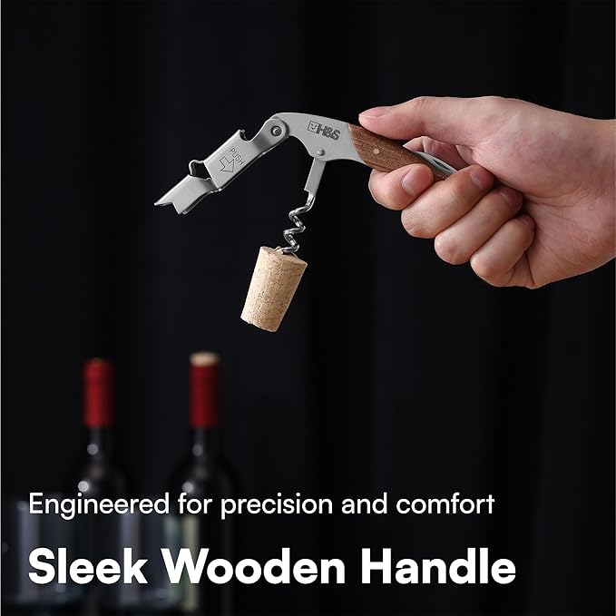 H&S Stainless Steel Waiters Corkscrew for Wine Bottle - Professional Wine Bottle Opener with Wooden Handle - 3-in-1 Function Corkscrew Bottle Opener for Smooth Opening