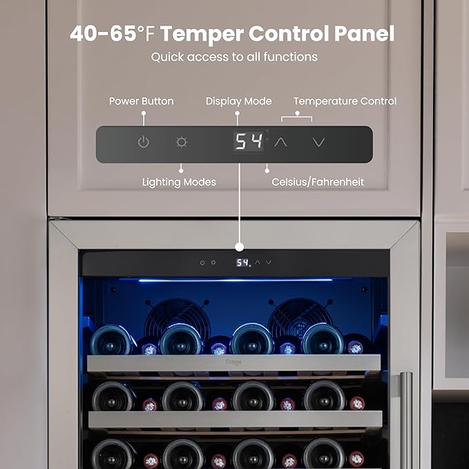 Yeego Wine Fridge – 24 Inch Wine Cooler Refrigerator 40°F-65°F, 304 Stainless Steel Glass Door Lock, Temperature Memory Blue & White LED Built-in Fridge Left-hand Opening with Drawer (89 Bottle)