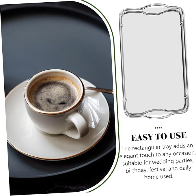 Rectangular Serving Trays Silver Serving Trays Bar Finish Serving Tray with Handles Coffee Steel Platters Tiny Key Decorative Tray Mirrored Drinks Modern Elegant Portable Small