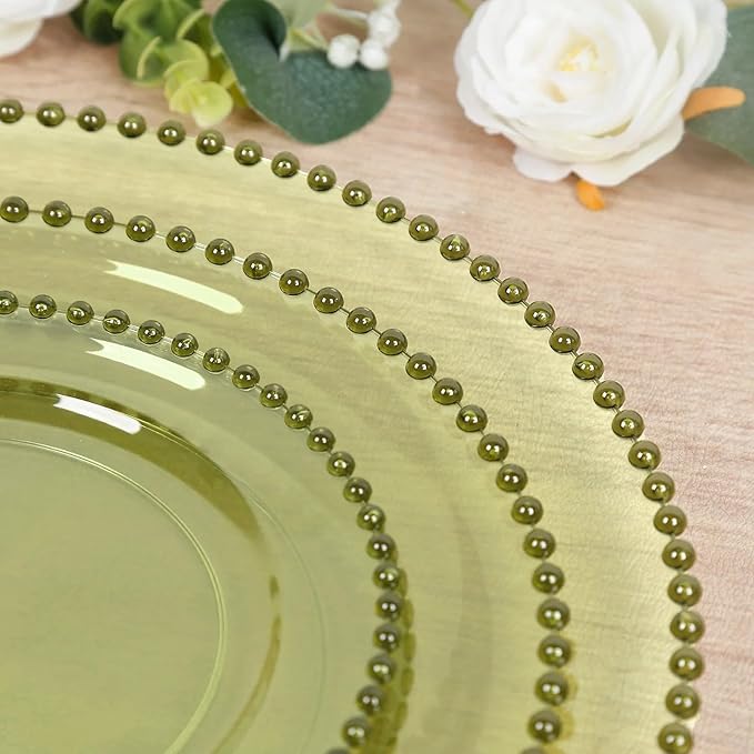 10" Dinner Plates - Set of 30 - Plastic Transparent Dusty Sage Green Round Disposable Plate Beaded Rim, Ideal for Decoration Party Wedding Bulk Events