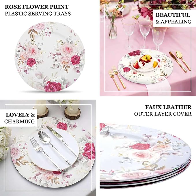 Efavormart 6 Pack | 13" Rose Flower Design Plastic Serving Plates, Disposable Spring Floral Print Charger Trays