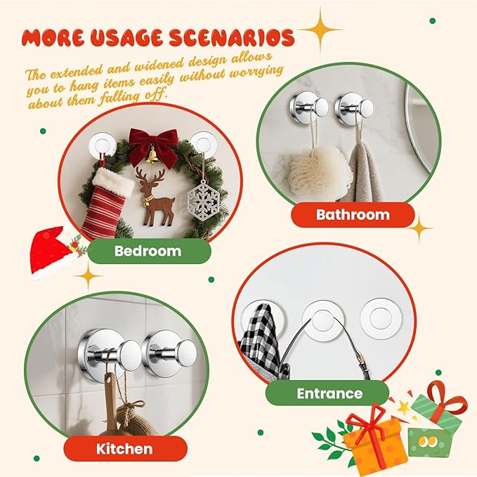 Suction Cup Hooks, Suction Cup Hooks for Shower,Removable Towel Hooks for Bathroom Window Glass Door Wall, Bath Robe Looafh Wreath Hook for Hanging (Bright Silver)