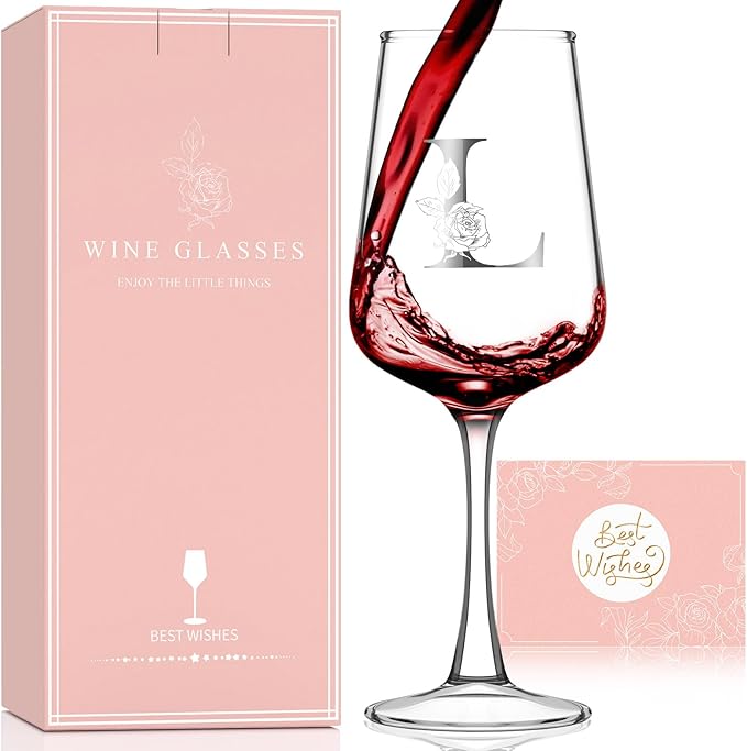 Personalized Wine Glass Gifts for Women - Monogrammed A-Z Wine Glasses Gift | Custom Christmas Gift, Valentines Day, Birthday Gifts for Women Her Mom Wife Best Friend Sister (L)