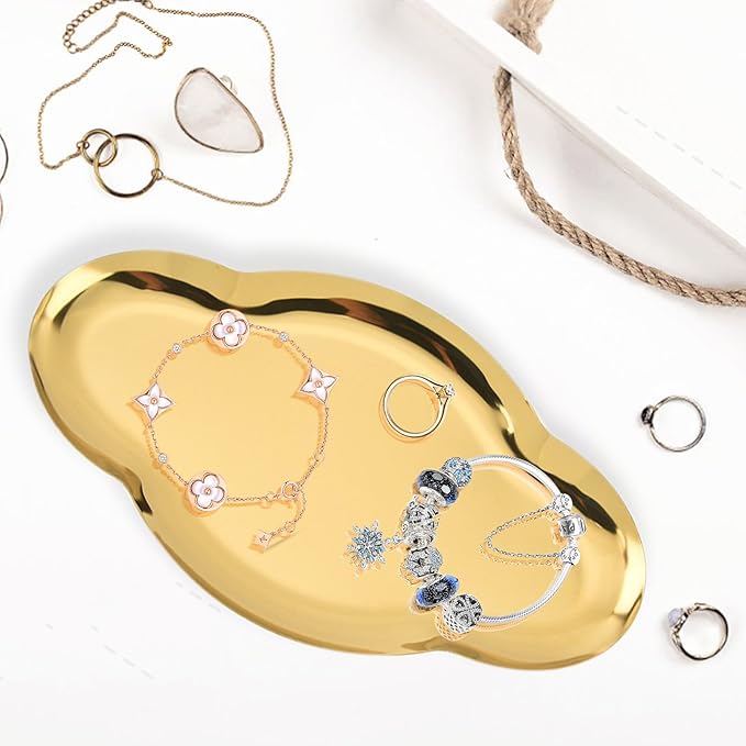 2Pcs Stainless Steel Jewelry Tray, 9in Cute Cloud Bathroom Decorative Tray Trinket Dish, Ring Dish Vanity Tray for Perfume Key Candle Aesthetic Room Decor (Gold)