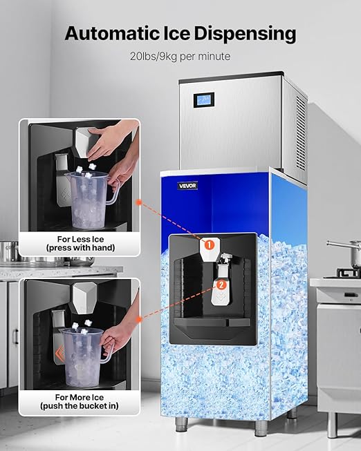 VEVOR Ice Dispenser, Ice Storage Bin with 180 Lbs Storage Capacity, 20 Lbs/Min Automatic Ice Dispensing with Crusher, Height Adjustable Feet, for Commercial Ice Maker Machine, Restaurant and Hotel