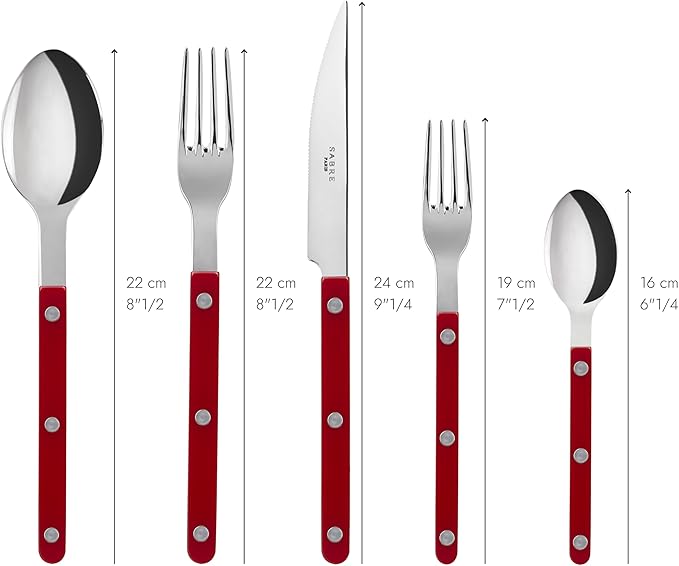 SABRE PARIS - 5-Piece Flatware Set - Bistrot Collection - Knife, Fork, Soup Spoon, Teaspoon & Dessert Fork - Stainless Steel & Nylon - Dishwasher Safe - Burgundy - Brilliant Finish