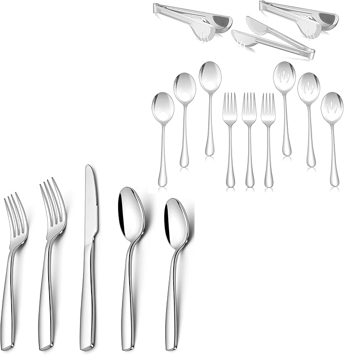 Herogo Heavy Duty Silverware Set with Serving Utensils, 52-Piece Stainless Steel Heavy Weight Modern Flatware Set for 8, Fancy Cutlery for Home Wedding, Dishwasher Safe, Mirror Finished