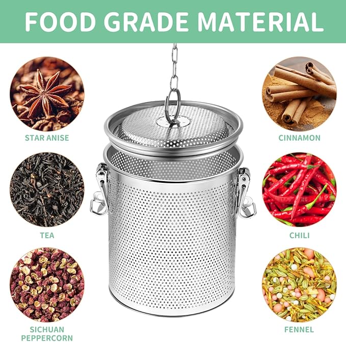 Yardwe Stainless Steel Stewed Basket - Cooking Strainer for Seasonings Spice Infuser with Long Chain Hook Ideal for Soups and Broths (5.51 X 5.11 X 4.72 Inch)