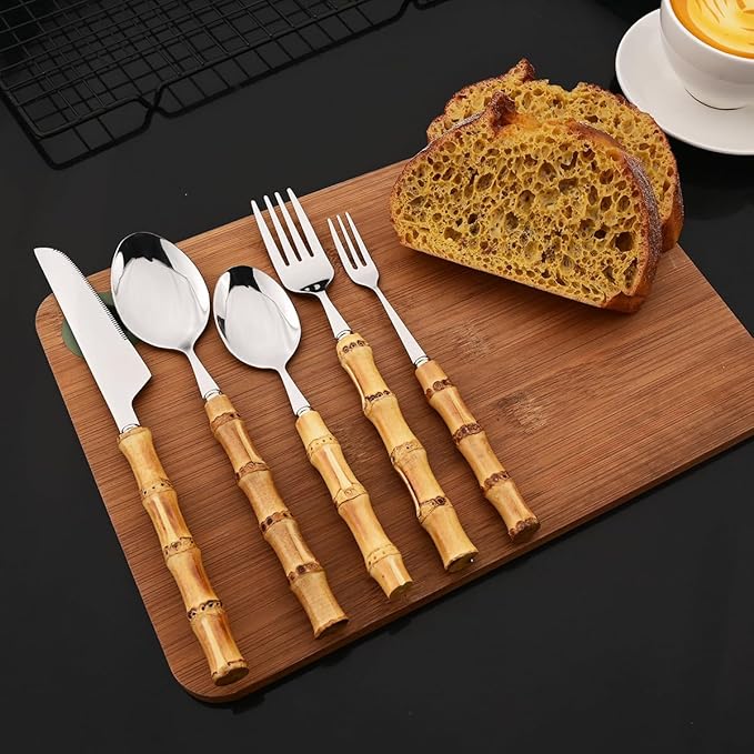 JASHII 20-piece Silver Stainless Steel Flatware Cutlery Set Silverware Knife Fork Spoon Set Bamboo Handle Dishwasher Safe for Dinner Buffet