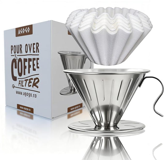 AGOGO Portable Pour Over Coffee Maker V60 Set - Easy Cleaning Compact 304 Stainless Steel Dripper for Camping & 50 Filters Paper & Cleaning Rag Silvery V60