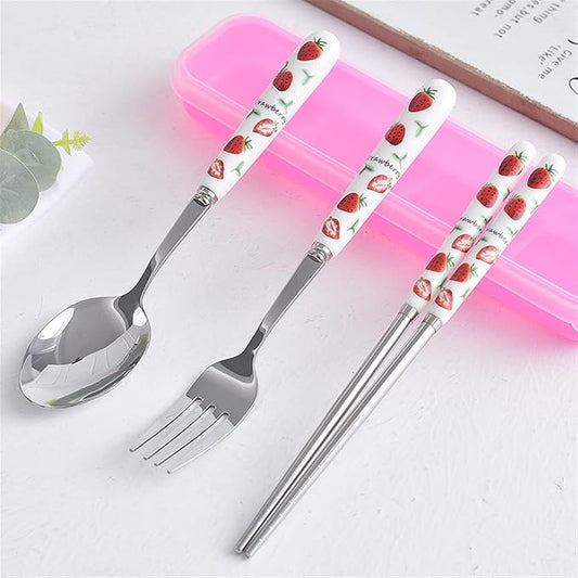 Silverware Set, Ceramic Handle Dinnerware Set Flatware Kitchen Accessories Camping Travel Sets Fork Spoon Portable Cutlery Sets with Case, Lemon Strawberry Watermelon Pineapple Fruit series