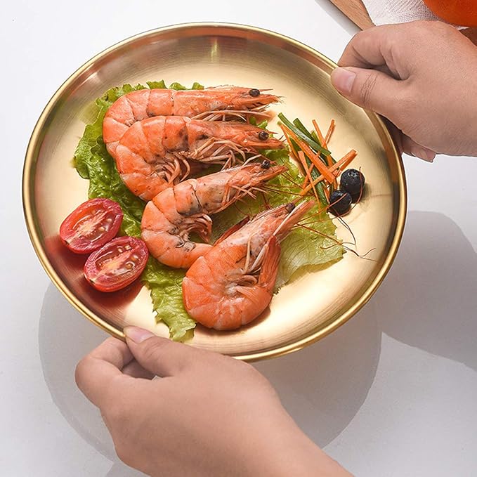 Stainless Steel Gold Plates 2 Set Round Dinner Dishes 9 Inch Metal Plates Great for Picnic,Outdoor Camping Plate,Shatterproof Dishwasher Safe